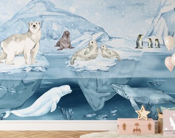 May include: Watercolor mural featuring arctic animals in a snowy landscape. A polar bear, walrus, seals, penguins, beluga whale, and humpback whale are depicted. The mural has a light blue and white color scheme with a whimsical style.