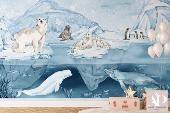 Papier Peint Trio d'animaux Banquise Satin Intissé, Résistant aux Éraflures, Lessivable, Eco-responsable, Certifié FSC.