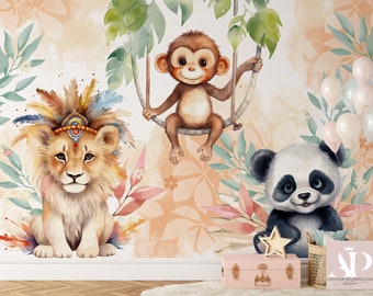 Könnte beinhalten: Eine Aquarell-Illustration eines Löwen mit einem bunten Kopfschmuck, eines Affen, der an einer Rebe schwingt, und eines Pandas, der einen Stern hält. Der Hintergrund ist pfirsichfarben mit grünen Blättern und rosa Blüten.