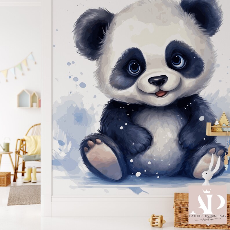 May include: A cute cartoon panda bear with black and white fur, sitting on a blue and white watercolor background. The panda has big blue eyes and a happy expression.