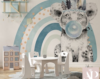 May include: A white and gray animal with a blue bubble, wearing a headdress of feathers, is depicted on a blue and green rainbow background. The image also shows a white table and chairs in a room with a wooden floor.