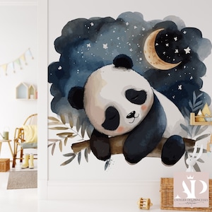 May include: A watercolor illustration of a panda bear sleeping on a branch under a crescent moon and stars. The background is a dark blue watercolor wash with white stars.
