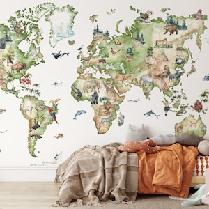 Papier peint intissé lisse Le Monde des animaux pour chambre d'enfant, carte du monde, différentes tailles possible, personnalisation