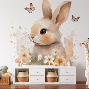 Elegant Rabbit and Butterflies Satin Non-Woven Wallpaper, Scratch Resistant, Washable, Eco-responsible, FSC Certified image 1