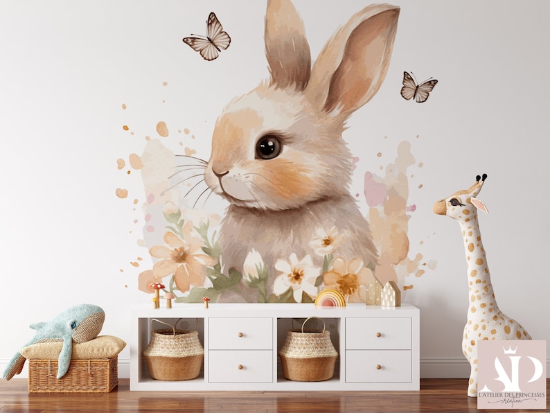 Elegant Rabbit and Butterflies Satin Non-Woven Wallpaper, Scratch Resistant, Washable, Eco-responsible, FSC Certified image 1