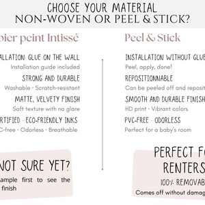 May include: An informational graphic with text in English, comparing non-woven and peel & stick wallpaper options. The text highlights installation methods, durability, and finish. Includes a British flag and a section for renters.