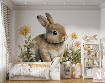 Élégant Papier Peint Lapin et fleurs sauvages Satin Intissé, Résistant aux Éraflures, Lessivable, Eco-responsable, Certifié FSC