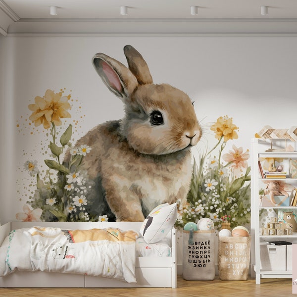 Elegant Rabbit and Wild Flowers Satin Non-Woven Wallpaper, Scratch Resistant, Washable, Eco-responsible, FSC Certified