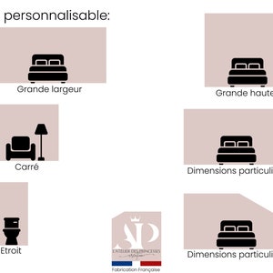 May include: Diagram showing different sizes for a custom-made wall mural. The options include: large width, large height, square, narrow, and custom dimensions. The diagram includes a bed, a chair, a lamp, a toilet, and a crown logo.