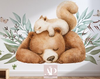 Bär und Bärenjunges Tapete 2 – Aquarell Wandtapete fürs Babyzimmer – Boho Natur Deko – Maßanfertigung