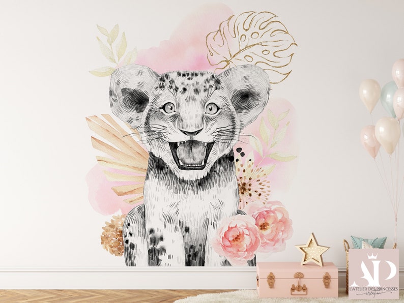 Papier peint intissé Lion Savane rose et Or pour chambre d'enfant, bébé, garçon, différentes tailles possible, personnalisation image 3