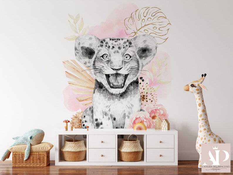 Papier peint intissé Lion Savane rose et Or pour chambre d'enfant, bébé, garçon, différentes tailles possible, personnalisation image 2