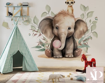 Elegant Elephant and Meerkat Non-Woven Satin Wallpaper, Scratch Resistant, Washable, Eco-responsible, FSC Certified, Width 60cm