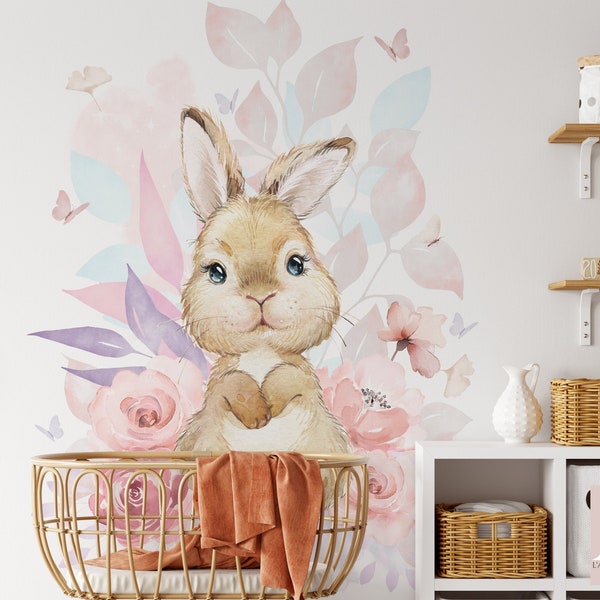 Bunny pastel smooth non-woven wallpaper for children's, baby, boy's bedroom, different sizes and customization