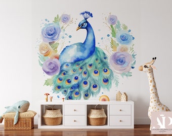 May include: A watercolor illustration of a blue peacock with a spread tail of green and blue feathers. The peacock is surrounded by watercolor flowers in shades of blue, purple, and pink. The illustration is on a white background.