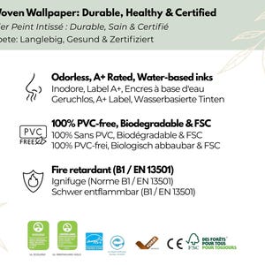 May include: White background with text in English, French, and German, advertising non-woven wallpaper. Features include odorless, water-based inks, PVC-free, biodegradable, and fire-retardant properties. Includes logos for certifications and sustainability.