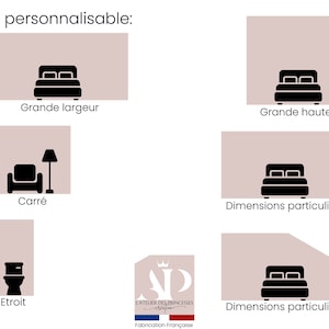 May include: Diagram showing different sizes for a custom-made wall mural. The options include: large width, large height, square, narrow, and custom dimensions. The diagram includes a bed, a chair, a lamp, a toilet, and a crown logo.