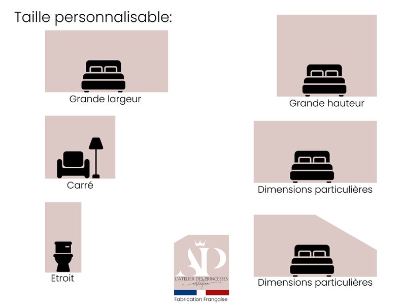 May include: Diagram showing different sizes for a custom-made wall mural. The options include: large width, large height, square, narrow, and custom dimensions. The diagram includes a bed, a chair, a lamp, a toilet, and a crown logo.