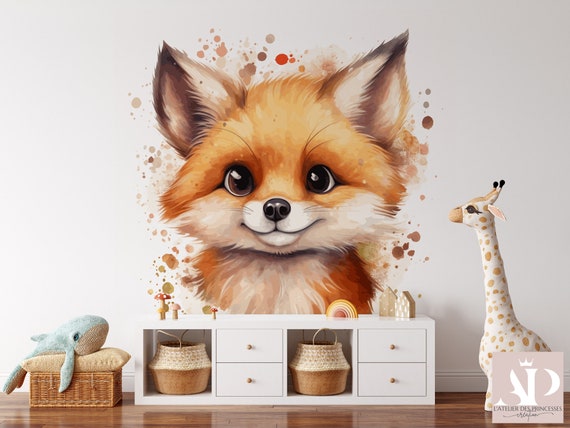 Élégant Papier Peint Petit Renard mignon Satin Intissé, Résistant aux Éraflures, Lessivable, Eco-responsable, Certifié FSC