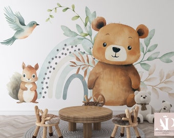 May include: A watercolor illustration of a brown bear, a squirrel, and a bluebird with a rainbow in the background. The illustration is on a white wall with two wooden chairs and a wooden table in front of it.
