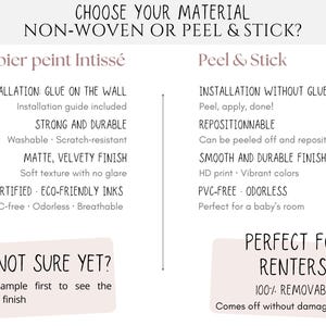 May include: An informational graphic with text in English, comparing non-woven and peel & stick wallpaper options. The text highlights installation methods, durability, and finish. Includes a British flag and a section for renters.
