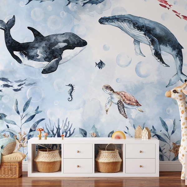 Smooth non-woven wallpaper Marine Ocean for children's, baby's, girl's or boy's bedroom, different sizes possible, customization
