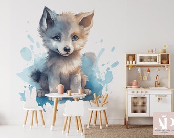 Wolf Cub Wallpaper – Papier Peint Louveteau – Nursery Wall Mural – Aquarelle Bébé – Sur Mesure