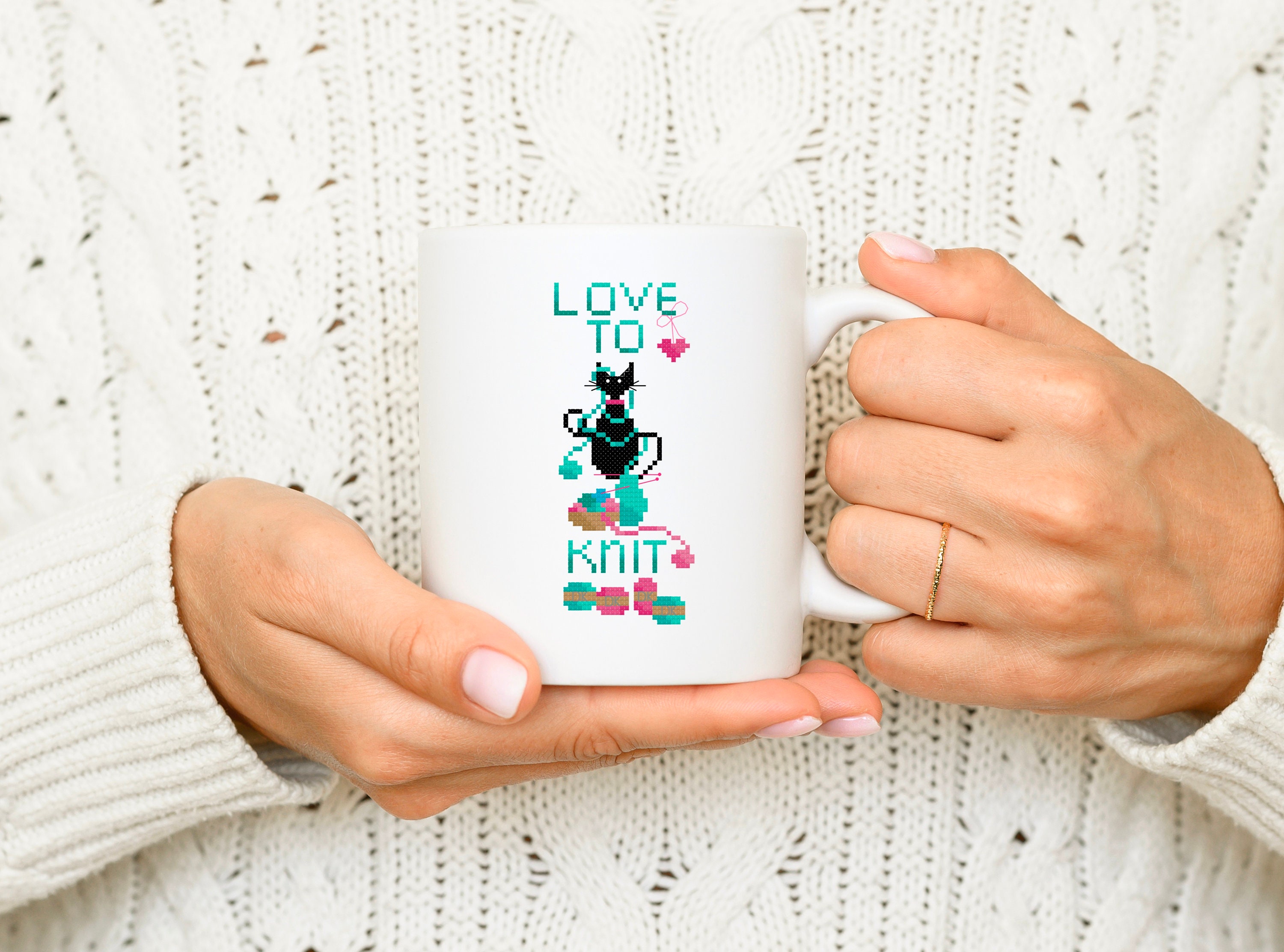 Love To Knit Coffee Mug, Cup, Latte Crafty Coffee Mug, Knitting Gift, Cat Lover, Gift For Her, Gift 