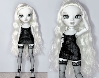 Pepperpink + Sparkle Ribbon Chain Mini Dress & Lace Tights Set (Black) - Doll Clothes for Rainbow High / Shadow High Dolls
