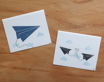 Origami Paper Airplane- Handmade Card, Made From Linocut Stamp, Original, Envelope Included