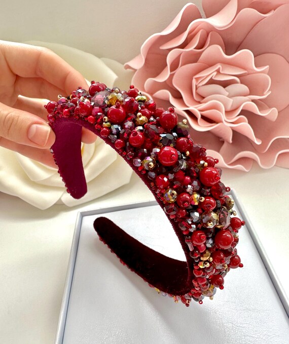 Handmade Crystal Beaded Headband: Garnet Queen Hair  display picture 1
