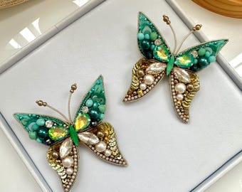 Hand-Embroidered Butterfly Brooch: Green Crystal Pin
