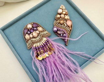 Handmade Beaded Brooch Set: Jellyfish & Seashell Pin - Ocean Jewelry