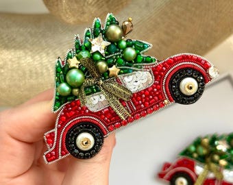 Hand-Embroidered Christmas Tree Car Brooch, New Year Gift