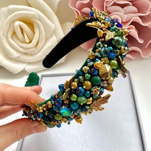 Handmade Crystal Beaded Headband: Embroidered Green Tiara