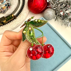 Hand-embroidered brooch ‘’Bright Red Cherry". Embellished beaded brooch. Best hand made gift.