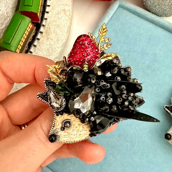 Hand-embroidered brooch Forest hedgehog Handmade designer pin brooch. Handmade gift Beaded brooch Handmade Christmas Gift for her
