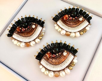 Handmade Beaded Brown Protective Evil Eye Brooch - Unique Good Luck Charm