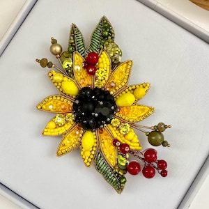 Handmade Embroidered Sunflower Brooch, Beaded Floral Pin