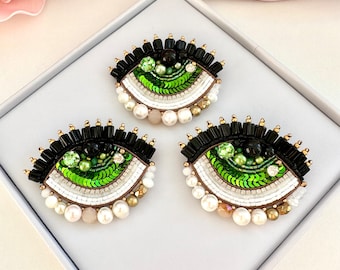 Handmade Beaded Evil Eye Brooch: Green Protective Amulet