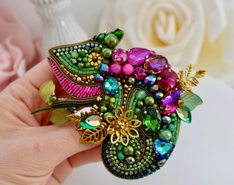 Beaded brooches “Tropical Chameleon”.  Handmade designer brooch. High quality accessories. Unique design brooch.