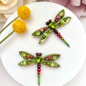 Hand-embroidered brooch ‘’Green Dragonfly&quot;