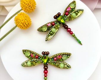 Hand-embroidered brooch ‘’Green Dragonfly"