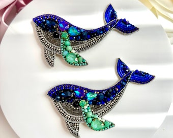 Beaded brooches “Blue Whale”. Handmade designer brooch. High quality accessories. Colorful design brooch.