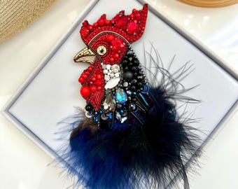 Beaded Rooster Brooch, Handmade Feather Bird Pin