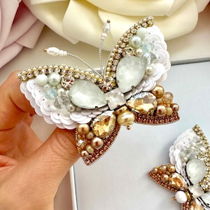 Hand-Embroidered Butterfly Brooch: Golden White Crystal Pin
