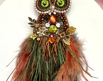 Handmade Designer brooch “Magic Owl” in brown green colors. Large beaded rhinestones pin brooch with feathers. Unique bird designs brooch.