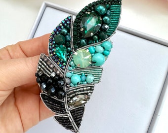 Beaded brooches “Teal feather”.  Handmade designer brooch. High quality accessories. Unique design brooch.