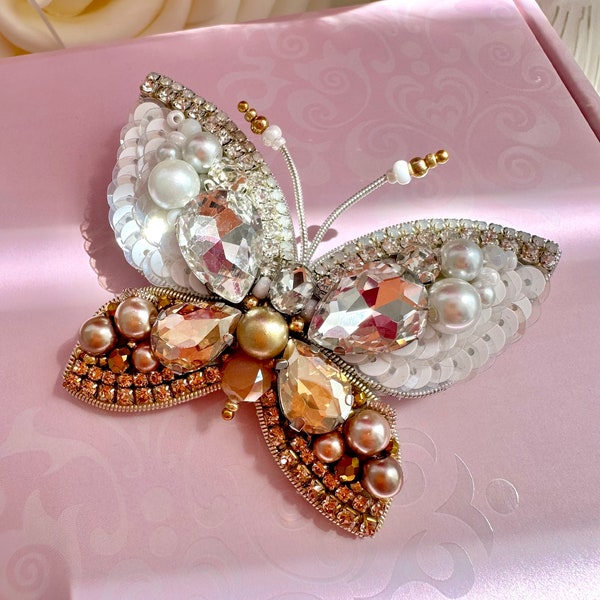Hand-embroidered brooch ‘’Butterfly" in golden white color. Handmade gift. Designer embroidered brooch made with high quality material.