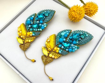 Ukrainian Beaded Feather Brooch, Yellow & Blue Crystal Pin